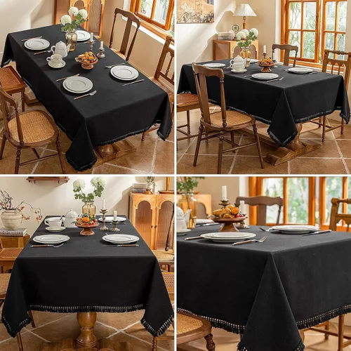 Vista 3 de AmHoo - Mantel de lino con borlas y bordado rectangular decorativo para mesa natural para cocina, comedor, buffet de boda, 55 x 55 pulgadas, negro