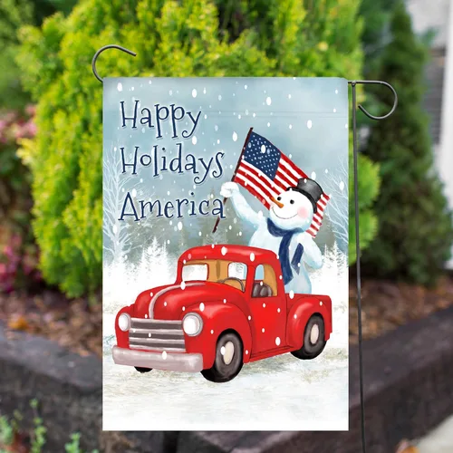 Vista 3 de America Forever Flags Bandera de jardín de doble cara – Happy Holidays America – 12.5 x 18 pulgadas, muñeco de nieve patriótico, decoración navideña