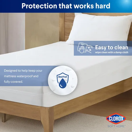 Vista 5 de Clorox Protector de colchón ajustable impermeable, vinilo impermeable, protección duradera contra derrames y manchas, cierre con cremallera