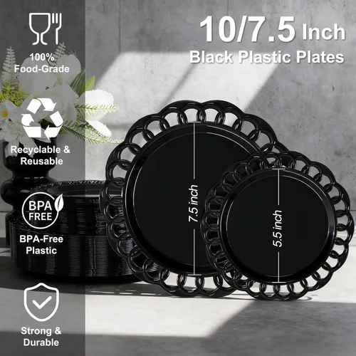 Vista 3 de COLOSUS Juego de 60 platos de plástico negro, platos barrocos elegantes, elegantes platos desechables con borde de encaje, platos de plástico