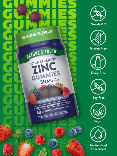 Vista 3 de Nature's Truth Gomitas de zinc para adultos 50 mg 60 unidades Suplemento extra fuerte vegano, sin OMG y sin gluten Sabor mixto de bayas