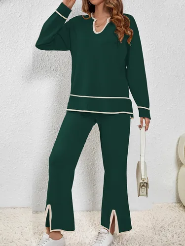 Vista 7 de SuperPrity Conjunto de 2 piezas de suéter para mujer, con cuello de muesca, manga larga, suéter de punto y pierna ancha