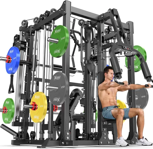 Vista 10 de Rack Multiusos para Sentadillas, Conjunto de Rack de Pesas Smith Machine con Sistema de Crossover de Cables, Racks de Potencia para Gimnasio