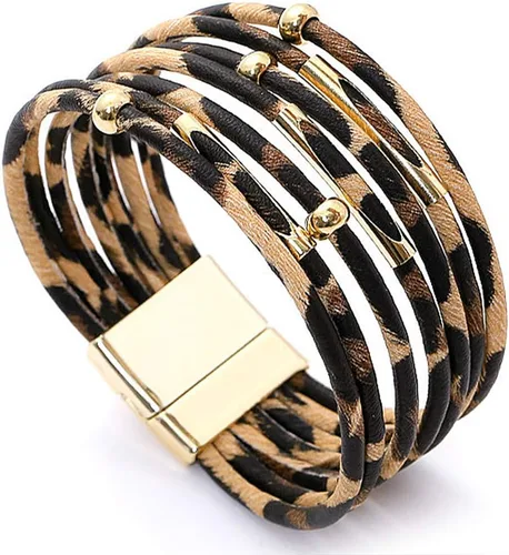 Vista 11 de Suyi Pulsera trenzada de cuero multicapa para mujer, con hebilla magnética Perla Caqui1
