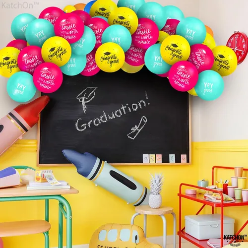 Vista 5 de KatchOn, Juego de globos de graduación azules, amarillos y rosados, 12 pulgadas, paquete de 75 Globos de graduación de felicitaciones, globo Yay