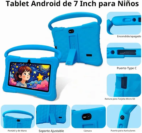 Vista 5 de Tableta para niños de 7 pulgadas con funda, tabletas Android de 32 GB para niños, 1 TB expandir