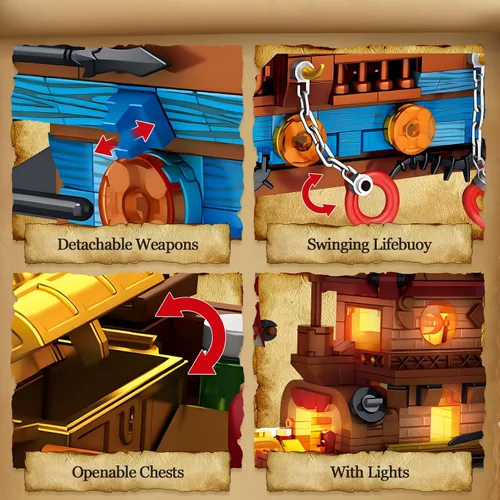 Vista 4 de Vziimo Juegos de construcción de barcos piratas con luces, modelo creativo de barco, barco pirata, juguetes de construcción para decoración