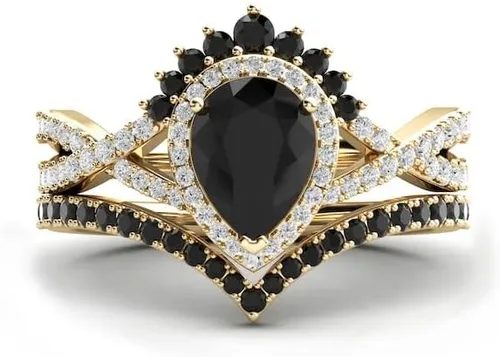 Vista 7 de Anillo de compromiso de ónix negro en forma de pera, halo de oro rosa, único juego de anillos de compromiso de piedra negra para mujer, anillo