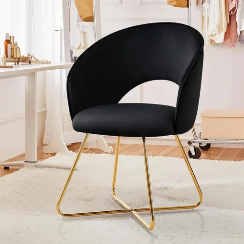 Vista 8 de Furniliving Silla decorativa de terciopelo para sala de estar, cómoda silla tapizada de barril con respaldo, silla de maquillaje negra de mediados