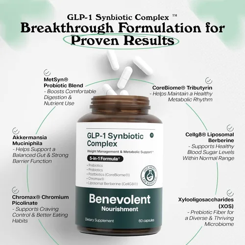 Vista 4 de Benevolent Glp-1 Support Simbiótico 5 en 1 con Akkermansia, MetSyn®, Chromax® y berberina liposomal Suplemento natural de probióticos GLP 1
