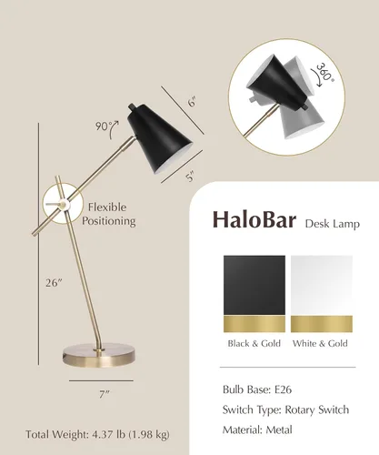 Vista 9 de Lámpara de escritorio HarvestLand HaloBar de latón para el hogar y la oficina – Lámpara de mesa industrial negra con base sólida para oficina