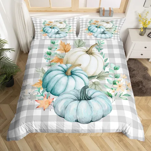 Vista 27 de Erosebridal Juego de funda de edredón individual de pavo de Acción de Gracias, juego de ropa de cama de calabaza y hojas de otoño para niños