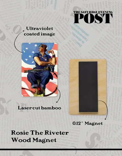 Vista 4 de ARCANE VAULT - Saturday Evening Post™, Imán de madera Rosie The Riveter, cortado con láser, abedul recubierto de ultravioleta, decoración del hogar