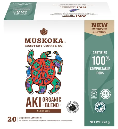 Vista 4 de Muskoka Roastery Coffee, mezcla orgánica Aki, tostado medio oscuro, 20 cápsulas de café de una sola porción, compatible con cafeteras K-Cup Keurig