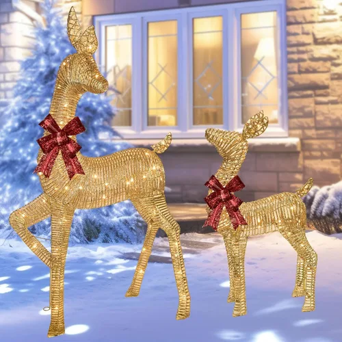 Vista 9 de 2 piezas de ciervos de Navidad grandes iluminados, decoración de patio de HOYECHI al aire libre, reno de ratán con 85 luces LED, estacas, lazos