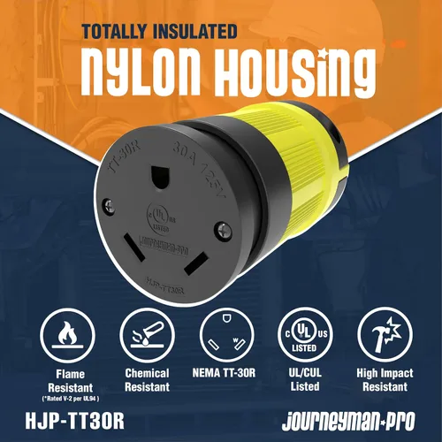 Vista 2 de NEMA TT-30R, 30 amperios, 125 voltios, conector hembra de remolque RV de hoja recta, grado industrial negro/amarillo, generador de conexión a tierra