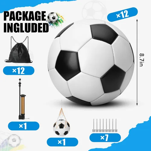 Vista 2 de Paquete de 12 pelotas de fútbol clásicas en blanco y negro, con bomba de fútbol y bolsa de malla, mochila de fútbol clásica. Se puede utilizar como