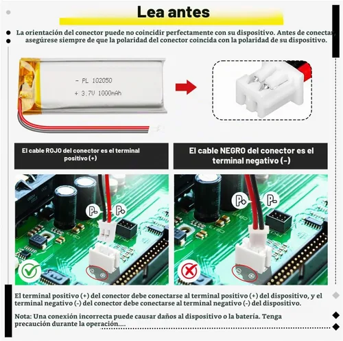 Vista 5 de 102050 3.7V 1000mAh LiPo Batería - Batería recargable de polímero de litio con placa de protección y conector Micro JST 1.25 para dispositivo