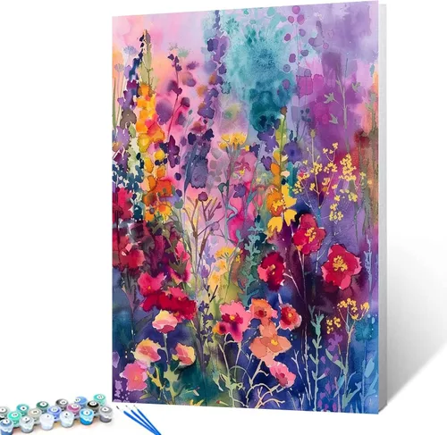 Vista 14 de Pintura de bricolaje por números Flores rosadas - Kit de pintura para adultos estilo vintage sobre lienzo