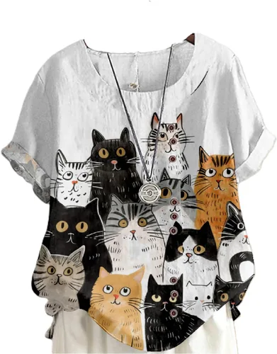 Vista 9 de domirica Flower Bird Printed Loose Boho Shirts Women Plus Size Summer Crew Neck Short Sleeve Blouses Colorido