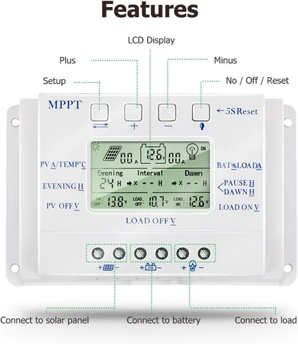 Vista 3 de MPPT T-10 Controlador de carga solar de 12 V 24 V para entrada máxima de 48 V con pantalla LCD, controlador de carga MPPT compatible con PWM