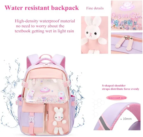 Vista 4 de Mochila Kawaii para niñas escolares mochila de conejito para niños, mochila casual linda para exteriores, A-rosa y púrpura, Mochila