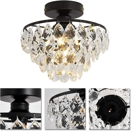 Vista 4 de Modern Celing Light Small Crystal Fixture Mini Black Semi Flush Mount Chandelier Light Fixture for Hallway Bedroom Bathroom Closet e26