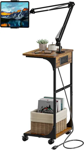 Vista 11 de Soporte de piso para tableta Kindle iPad con mesa auxiliar en forma de C, altura de ángulo ajustable, soporte para iPad Tablet Kindle para cama