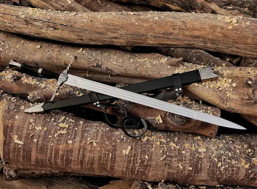 Vista 4 de Espada medieval de acero hecha a mano, hoja coleccionable semi afilada con funda, regalo ideal para coleccionistas