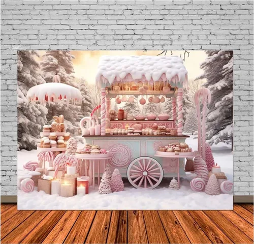 Vista 3 de Fondo fotográfico de Navidad rosa de 7 x 5 pies, tienda de golosinas de nieve de invierno, árbol de pino, niña, fiesta familiar, decoración
