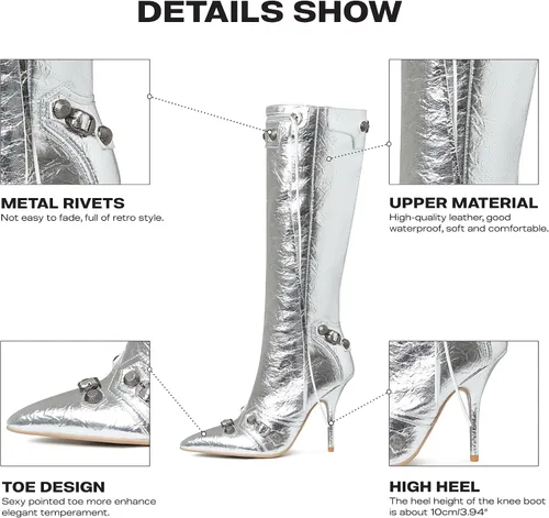 Vista 3 de VOMIRA Botas altas hasta la rodilla sexy con remaches puntiagudos, borlas y tacones de aguja de tacón alto, moda para fiesta de moda