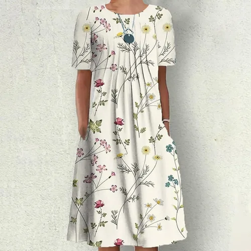 Vista 4 de Vestido casual con estampado floral para mujer, vestido de verano con cuello redondo, manga corta, plisado, vestido midi para fiesta en la playa
