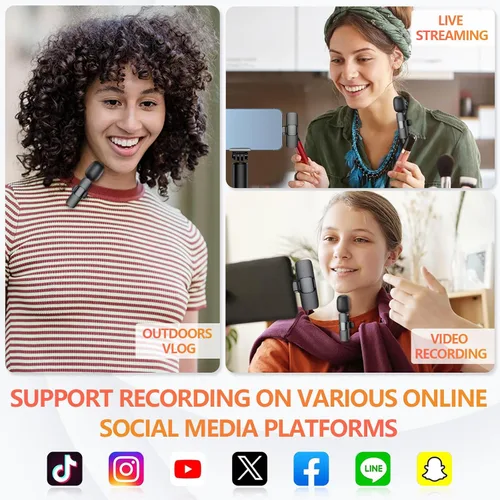Vista 6 de Micrófono inalámbrico para iPhone, teléfono Android, portátil, paquete de 2 micrófonos Lavalier para grabación de video, micrófonos mini