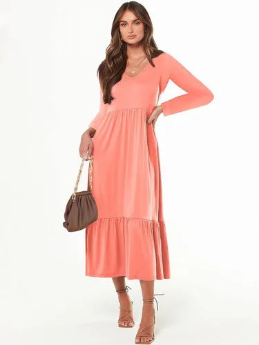 Vista 5 de Paintcolors Vestido largo casual de manga larga con cuello en V para mujer, vestido escalonado, color sólido, holgado, con vuelo, vestido midi