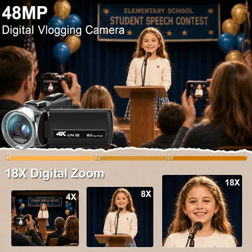 Vista 3 de Cámara de vídeo 4K 48MP para YouTube, videocámara compacta con micrófono