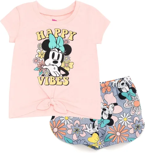 Vista 25 de Disney Minnie Mouse - Conjunto de camiseta floral arcoíris y pantalones cortos de cambray, tallas de bebé a niño grande (12 meses - 14-16)
