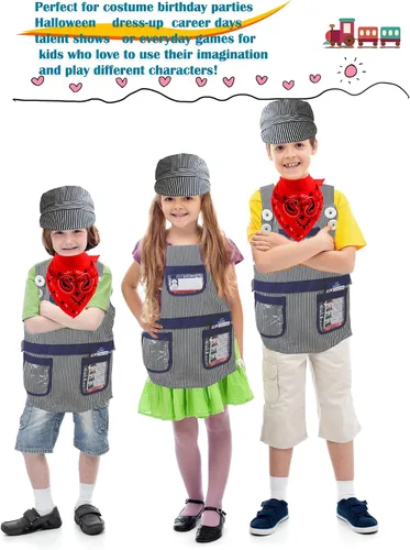 Vista 6 de Juego de 10 piezas de disfraz de conductor de tren para niños, kit de disfraz de ingeniero de tren, bandana y silbato para niños y niñas, Halloween
