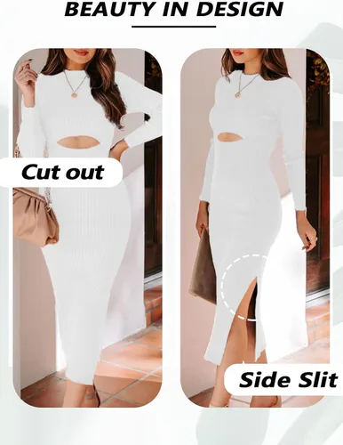 Vista 5 de Uusollecy Vestido de manga larga con cuello redondo para mujer, con abertura lateral, de punto acanalado, entallado, casual, sexy, vestido por