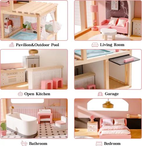 Vista 2 de ROBOTIME Casa de muñecas de madera, casa de muñecas con juego de muebles de 29 piezas, piscina y ascensor, casa de muñecas de madera para muñecas