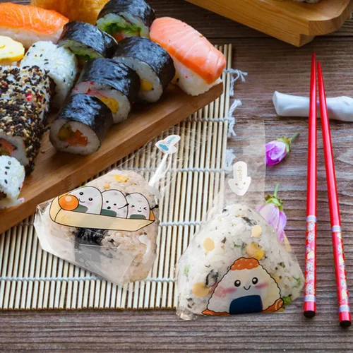 Vista 6 de iplusmile 100 bolsas de embalaje de bolas de arroz desechables con patrones creativos para loncheras y restaurantes de sushi, 7.48 x 5.90 pulgadas