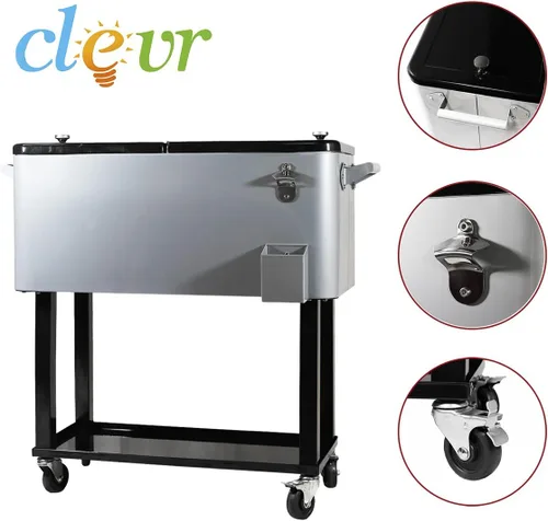 Vista 6 de Clevr caja refrigeradora para hielo rodante, para patio y exteriores, con bandeja adicional, barra de fiestas de patio portátil, cofre de bebidas