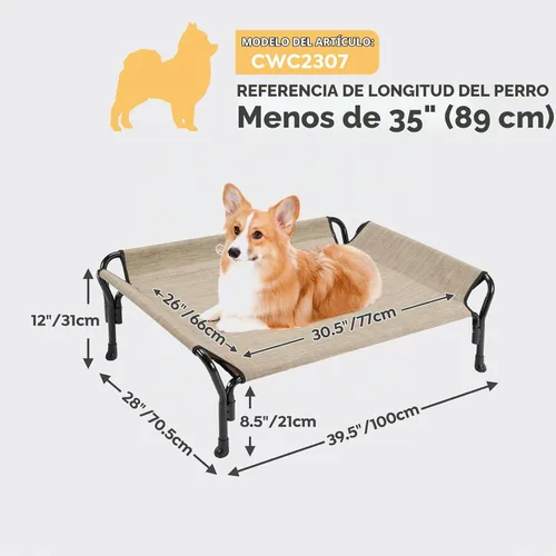 Vista 3 de Veehoo Cama elevada mediana para perro, barandilla, antideslizante, malla beige café
