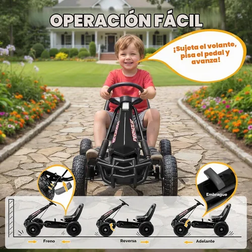 Vista 3 de Qaba Go Kart - Pedal de 4 ruedas para niños, asiento ajustable para niños Negro