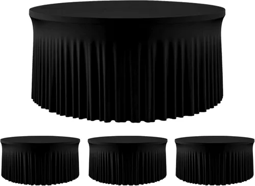 Vista 40 de Mantel redondo de 60 pulgadas en negro para mesas de 5 pies, funda de mesa ajustada de elastano con borde elástico y falda, lavable, sin arrugas