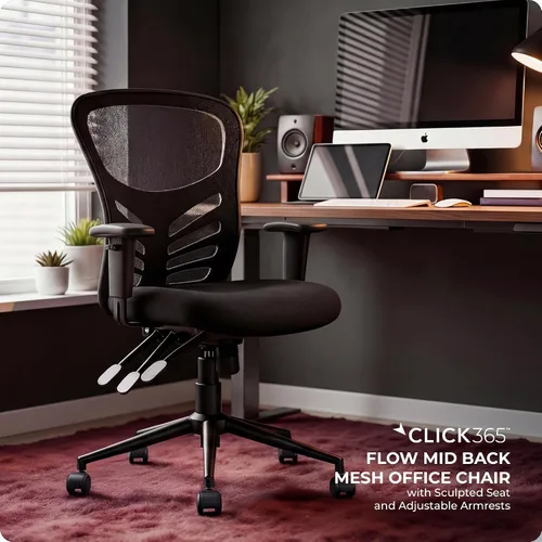 Vista 4 de Flow Silla de oficina de malla con respaldo medio, soporte lumbar, asiento acolchado extra negro