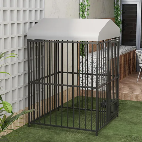 Vista 10 de GarveeTech Jaula para perros de 8 x 4 x 6 pies, jaula de metal resistente con cubierta superior impermeable, cuenco de alimentación giratorio
