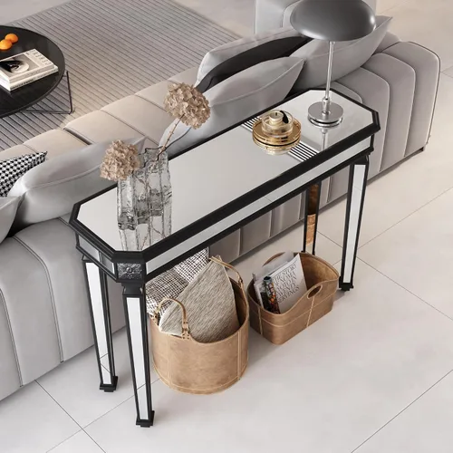 Vista 5 de Mesa Consola Negra con Espejo, Mesa de Sofá de Cristal Rectangular de 48 pulgadas con Elementos Tallados Vintage con Espejo, Muebles de Espejo