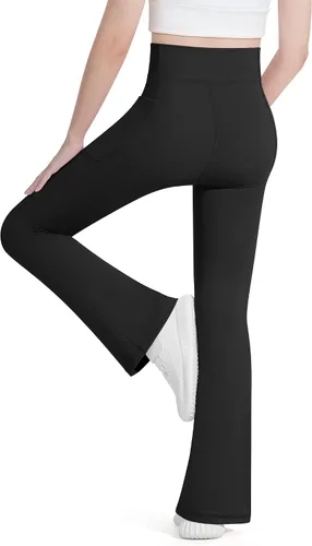 Vista 2 de HASMES Leggings acampanados para niñas con bolsillos, parte inferior acampanada, cintura alta, pantalones de yoga para danza, ropa deportiva