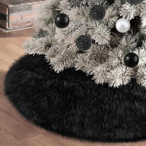 Vista 2 de Yuboo - Falda de árbol de Navidad negra, falda de árbol de 48 pulgadas grande y esponjosa de piel sintética, adornos y decoraciones de Navidad