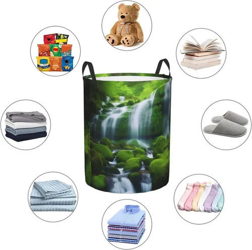 Vista 6 de Waterfall Green print Circular Hamper Waterproof Storage Bin Organizer Basket Laundry Hamper With Handles For Clothes Toys Small